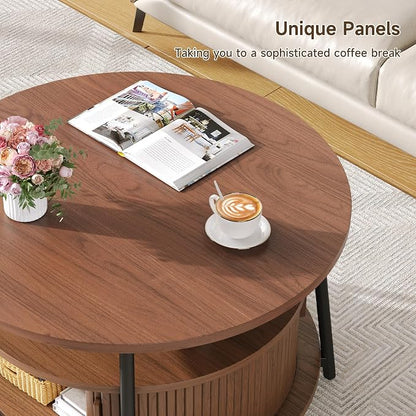31.5 Inch Round Coffee Table with Storage, Fluted Coffee Tables with 2 Tiers, Mid-Century Modern Center Table with 2 Sliding Doors and Adjustable Footpad for Living Room, Walnut