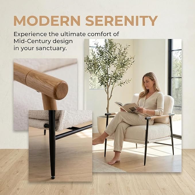 DUOMAY Mid-Century Modern Accent Chair Set of 2, Comfy Sherpa Sofa Lounge Chair Reading Corner Chair for Living Room Bedroom Office, Mid-Back Arm Chair with Black Metal Leg, White