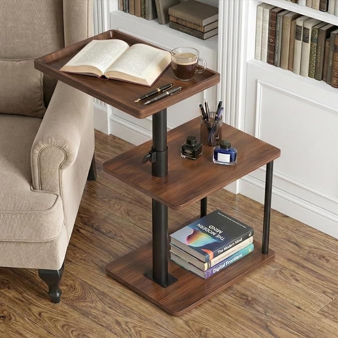 Faesun C Table End Table Adjustable Height, 360°Swivel TV Tray Table for Small Spaces, Small Nightstand for Living Room, Bedroom, Walunt