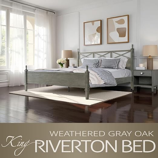 King Size Platform Bed Frame with Solid Wood Headboard & Footboard, 12 Heavy-Duty Slatted, Metal Legs, Anti-Slip & Noise-Free, Easy Assembly, No Box Spring Needed, Weathered Gray Oak Finish RIK-34