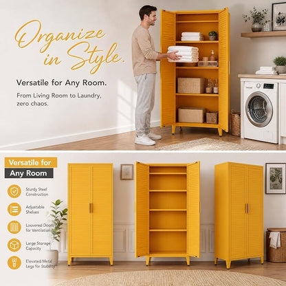 Yellow Metal Storage Cabinet, 4-Tier Tall Cabinet with Adjustable Shelves and Hanging Rod, Louvered Door Freestanding Lockers for Home, Living Room, Kitchen, Bedroom,garage 61" H X 27.6" W X 13.8" D