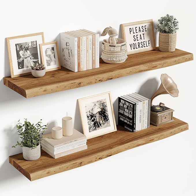 Vivelove Live Edge Floating Shelves 36 inch, Elm Wood Shelf with Invisible Bracket, Rustic Farmhouse Wall Shelf for Living Room Bedroom Bathroom Office Book, 36x8 - Set of 2 - Natural
