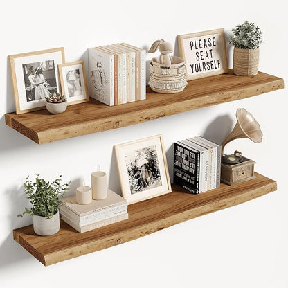 Vivelove Live Edge Floating Shelves 36 inch, Elm Wood Shelf with Invisible Bracket, Rustic Farmhouse Wall Shelf for Living Room Bedroom Bathroom Office Book, 36x8 - Set of 2 - Natural