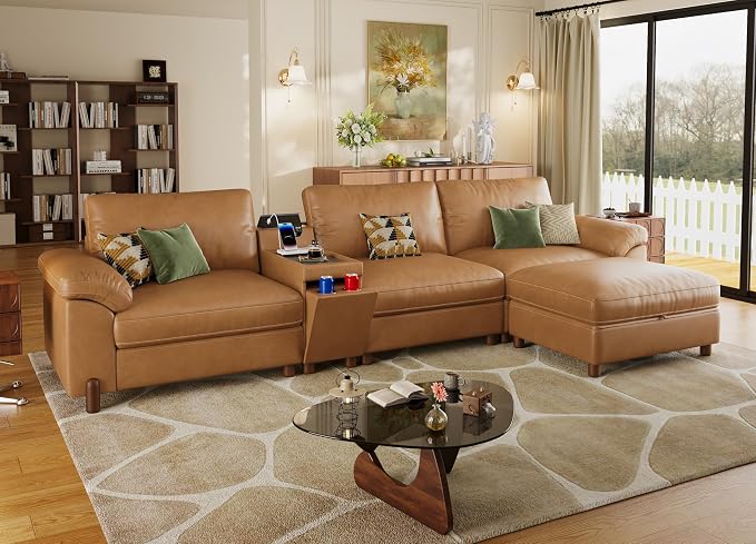 SITJOY Large Cloud Couch, 132" Wide 3 Seater L Shaped with Console, Brown | Pet-Friendly Scratch-Resistant Leather Sectional Sofas for Living Room, Deep Seat Wide Couch with Chaise, Storage Ottoman