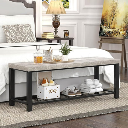 FOLUBAN Entryway Bench, Rustic Wood and Metal Shoe Storage Bench for Hallway Front Door Entrance, Industrial Indoor Bench for Bedroom Living Room, 43.3 Inch Light Grey