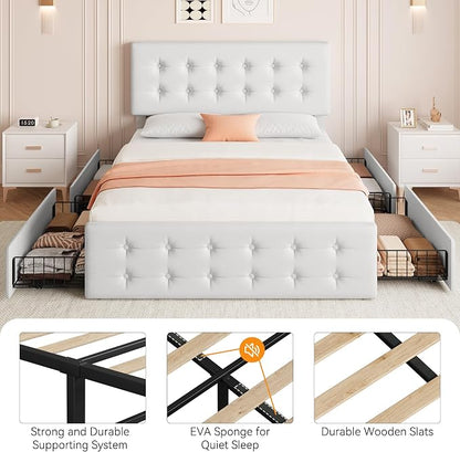 IDEALHOUSE Full Size Bed Frame with 4 Storage Drawers and Headboard, Faux Leather Upholstered Platform Bed Frame with Wooden Slats Support, Button Tufted Design, No Box Spring Needed, White