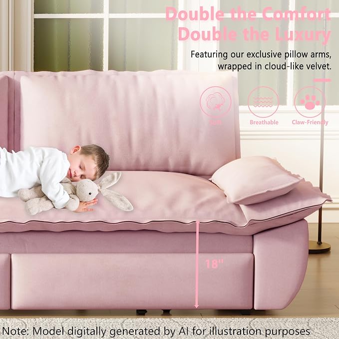 70.1" Sofa Bed Queen Size, Pull Out Couch Bed, 3-in-1 Convertible Sleeper Sofa with Cushion Armrest, Modern Velvet Futon Couch for Living Room, Small Space, Apartment, Bedroom, Pink