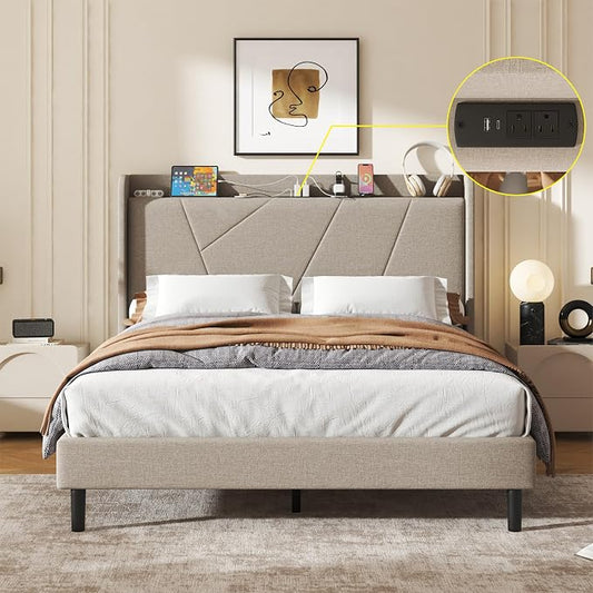 Queen Size Linen Bed Frame, Storage Headboard with Charging Station, Upholstered Platform Bed with Wooden Slats Support, Solid and Stable, Noise Free, No Box Spring Needed, Easy Assembly, Beige