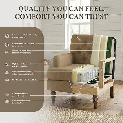 MALOL Upholstered Accent Chair Set of 2, Comfy Reading Chair for Living Room, Mid Century Modern Armchair with Thick Cushion & Solid Rubberwood Legs, for Bedroom/Small Spaces, Brown
