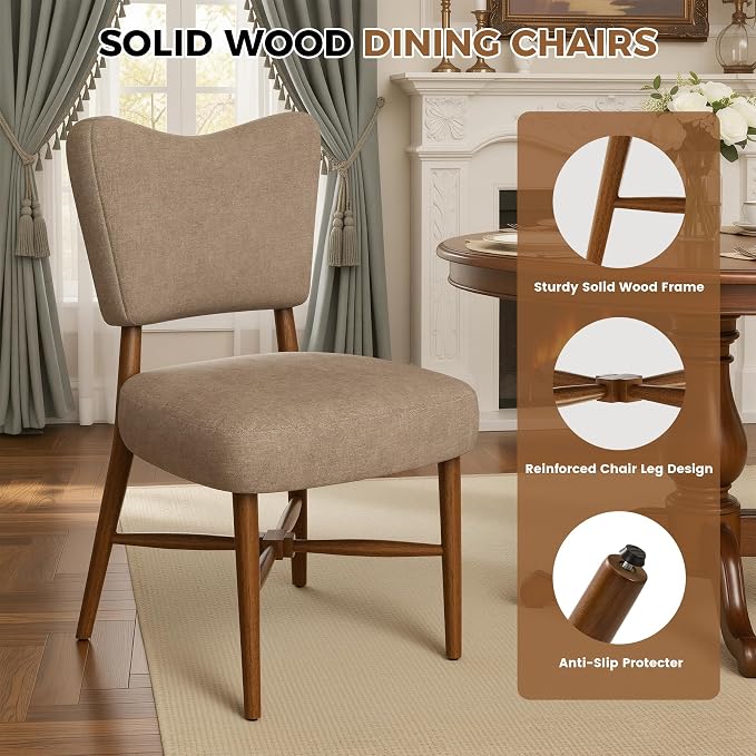 Farmhouse Dining Chairs Set of 2, Linen Seat, Wood Legs, Brown | Mid Century Modern, Upholstered Padded Cushion, Solid Wood Cross-Brace, Easy 15-Min Assembly, Kitchen Dining Room