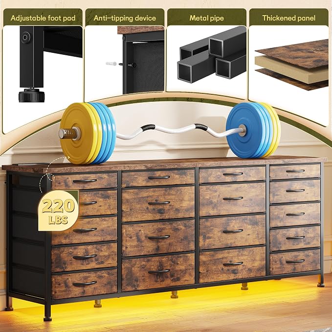 EnHomee 63" W TV Stand for 75" TV, 18 Drawers with LED & Charging, Brown | Long Dresser for 65"-75" TV, Deep Drawer, Spacious Storage, Drawers Glide, No Wobbling, Anti-tip, Easy Assembly, Wipes Clean