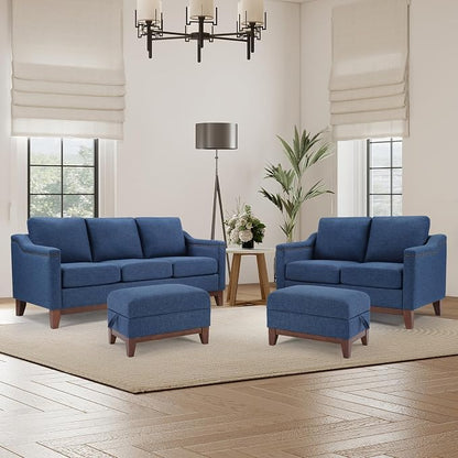 HAOMARKETS 4 Piece Fabric Sofa Set with Nailhead Trim, Included Loveseat 2-Seater Sofa with Thicked Cushion, 3-Seater couches and 2 Storage Ottoman with Flip-Top Table for Living Room,Blue