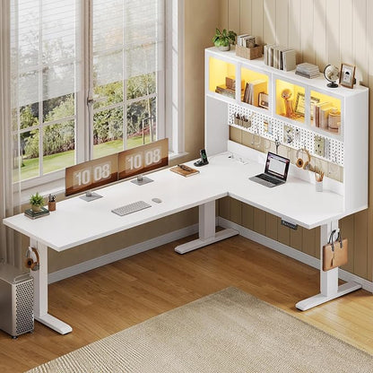 SEDETA 67" Standing L Shaped Gaming Desk, Office Computer Desk with Storage Hutch, Stand Up Corner Desk with Pegboard & Led Lights for Home Office, White