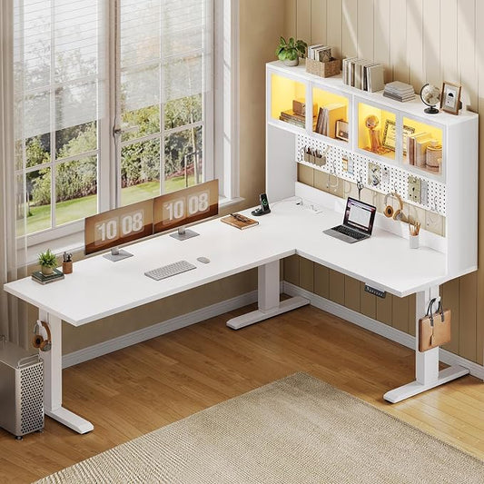 SEDETA 67" Standing L Shaped Gaming Desk, Office Computer Desk with Storage Hutch, Stand Up Corner Desk with Pegboard & Led Lights for Home Office, White