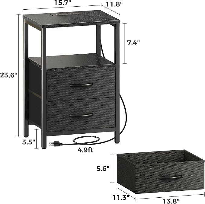 Huuger Nightstand with Charging Station, Side Table with 2 Fabric Drawers, End Table with Open Shelf, Bedside Table with USB-C Port and Outlets, Night Stand for Bedroom, Black