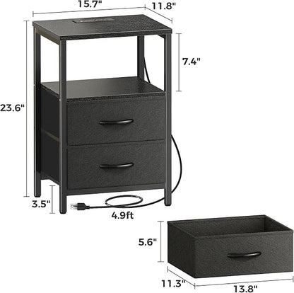 Huuger Nightstands Set of 2, End Tables with Charging Station, Side Tables with Fabric Drawers, Bedside Tables with USB Ports and Outlets, Night Stands for Bedroom, Black