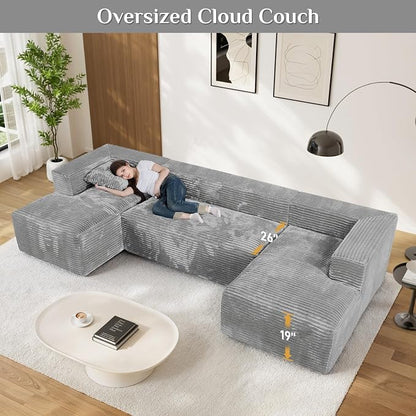 131" Oversized U Shaped Cloud Sectional Couches for Living Room, Comfy Fluffy Corduroy Grey Boneless Sectionals Couch, Plush Memory Foam Modular Sectional Sofa with Chaise- 19" Seat Height