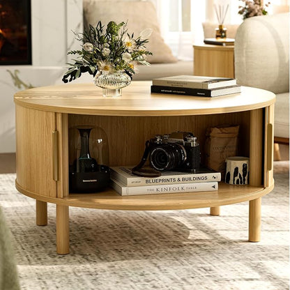 ZttRiee Round Coffee Table with Sliding Doors, Modern, Natural | Ø30.0"D x 16.3"H, 200 lbs capacity, dual sliding-door storage, ~45 min assembly.