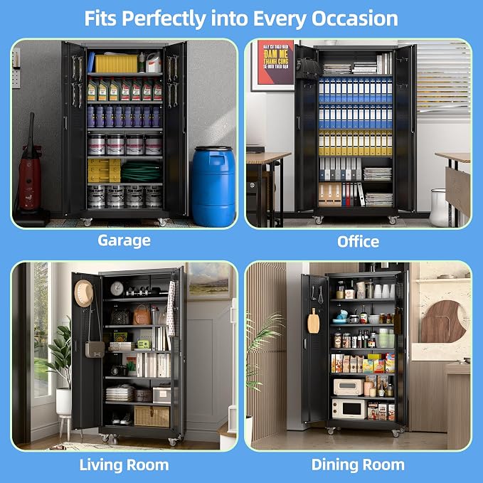 SUXXAN Heavy Duty Metal Storage Cabinet with Wheels and Pegboard, 71" Tall Industrial Steel Cabinet with 5 Adjustable Shelves & Locking Doors for Garage, Office, Pantry, Warehouse, Black