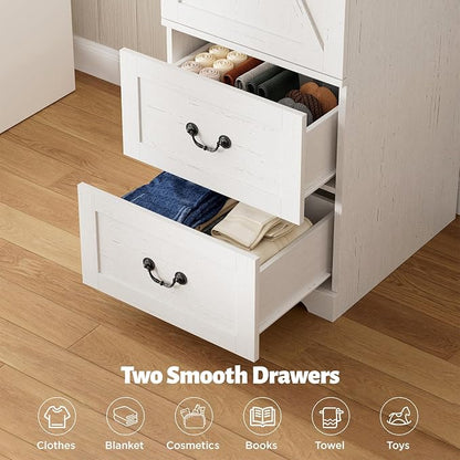 Armoire Wardrobe Closet with Reversible Hinge Doors and Adjustable Shelves, 71” Tall Farmhouse Narrow Wardrobe Closet with 2 Drawers and Hanging Rod, Rustic Wooden Armoire Closet for Bedroom, White