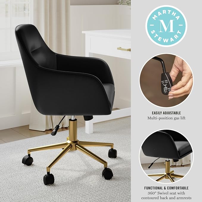 Martha Stewart Rayna Swivel Task Chair with Flared Arms for Home Office in Black Faux Leather with Polished Brass Frame