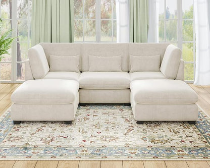 115" Oversized Chenille Couch Modular Sectional Sofa, Washable Cloud Couch Sectional with 2 Ottoman, 5 Seater Sectional Couches for Living Room, Fully Cover Removable, U Shaped, Chenille, White