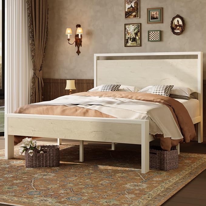 SHA CERLIN 14 Inch Queen Metal Platform Bed Frame with Wooden Headboard and Footboard, No Box Spring Needed, Large Under Bed Storage, Heavy Duty Slats Support, White Washed Oak