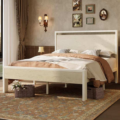 SHA CERLIN 14 Inch Queen Metal Platform Bed Frame with Wooden Headboard and Footboard, No Box Spring Needed, Large Under Bed Storage, Heavy Duty Slats Support, White Washed Oak