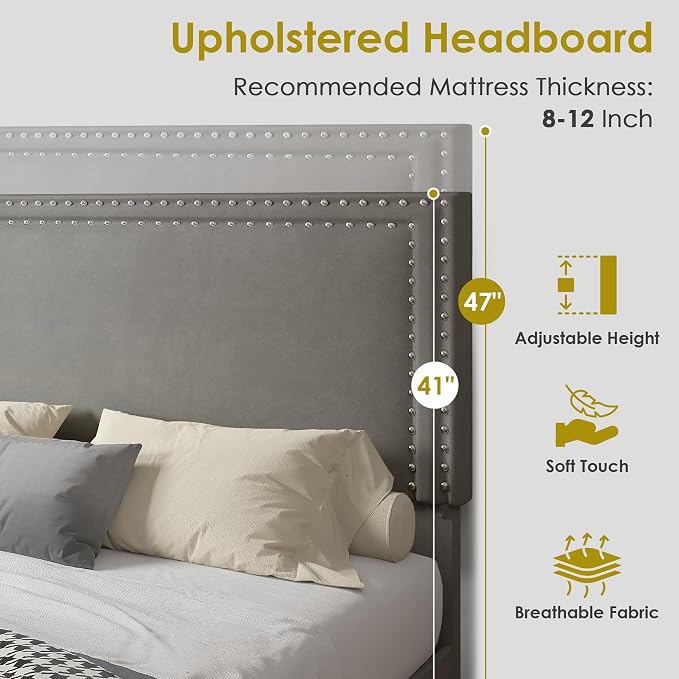 VECELO Full Size Upholstered Bed Frames with 4 Storage Drawers, Adjustable Velvet Rivet Decor Headboard, Wooden Slats Platform Support, No Box Spring Needed, Easy Assembly,Dark Grey