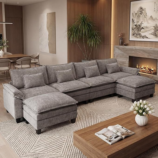 URRED Oversized Modular Sectional Sofa, 157" U Shaped Modern Comfy Cloud Couch with Movable Ottoman & Pillows, Deep Seat Couches for Living Room, Bedroom or Apartment (Chenille Gray, 157" U Shaped)