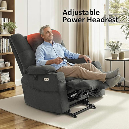 MCombo Big Man Power Lay Flat Lift Chair, Triple Motor Power Lift Recliner with Massage & Dual Heating, Adjustable Headrest, Fabric R7524 (Grey, Medium-Wide)