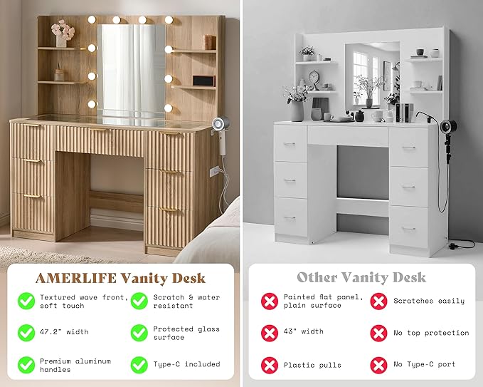 AMERLIFE 47.2" Fluted Vanity Desk with Mirror and Adjustable LED Lights, Large 7 Drawers Makeup Vanity Table with Glass Top and Charging Station for Women and Girls, Bedroom or Dorm, Natural Oak