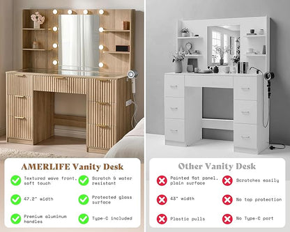 AMERLIFE 47.2" Fluted Vanity Desk with Mirror and Adjustable LED Lights, Large 7 Drawers Makeup Vanity Table with Glass Top and Charging Station for Women and Girls, Bedroom or Dorm, Natural Oak
