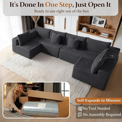 138" Cloud Sectional Couch, Comfort U Shaped Sofa for Living Room, Extra Deep Seats No Assembly, Minimalist Modular Couch, Corduroy (Dark Grey, 6 Seats,U-Shape B)
