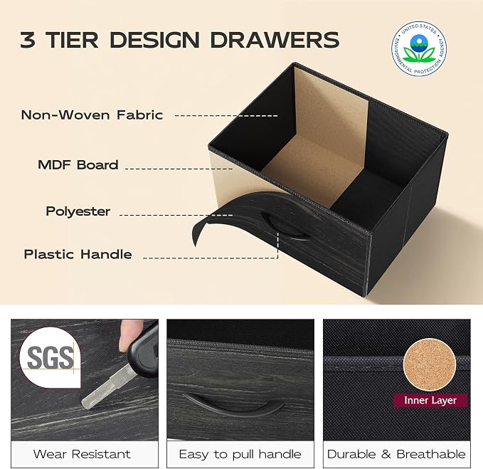 WLIVE Fabric Dresser, 5-Drawer Tall Dressers for Bedroom, Storage Dresser Organizer with Wood Top, Sturdy Steel Frame, Chest of Drawers for Closet, Hallway, Charcoal Black Wood Grain Print