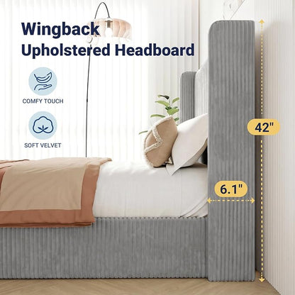 Allewie King Lift-Up Storage Bed Frame with Modern Wingback Headboard, Corduroy Upholstered Platform Bed, Hydraulic Gas Lift Support, Underbed Storage, Wooden Slats, No Box Spring Needed, Grey