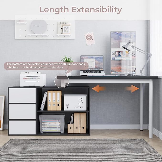 Home Office Computer Desk Corner Desk with 3 White Drawers and 2 Shelves, 53-inch L-Shaped Study Desk with Storage, Black + White