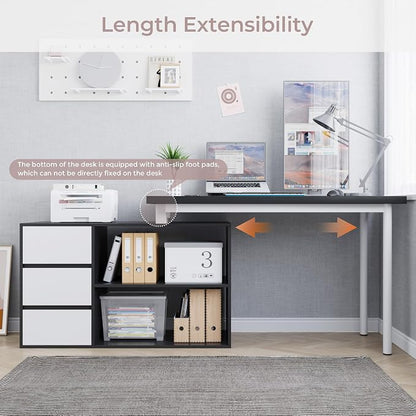 Home Office Computer Desk Corner Desk with 3 White Drawers and 2 Shelves, 53-inch L-Shaped Study Desk with Storage, Black + White