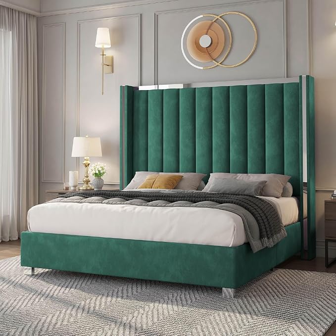 Jocisland Bed Frame with 58" Tall Headboard, Platform Velvet Upholstered Bed with Channel Tufted Wingback Headboard and Plating Trim, No Box Spring Needed, Green, Queen