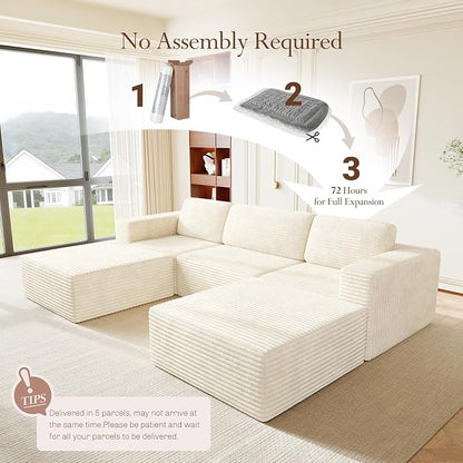Vesgantti 119" Oversized U-Shaped Modular Sectional Sofa, Corduroy Cloud Couch with Deep Seating & Spring Support, Convertible Sofa with 2 Ottomans, Boneless Couch, No Assembly Required, Beige