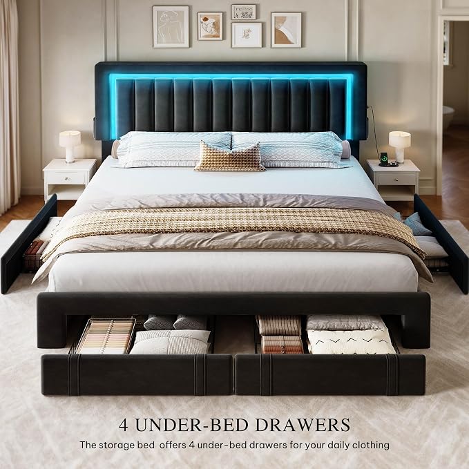 YITAHOME Queen Size Bed Frame with Adjustable Headboard, 4 Storage Drawers and RGB LED Lights, Velvet Upholstered Platform Bed with USB Ports, No Box Spring Needed, Fast Assembly, Noise-Free, Black