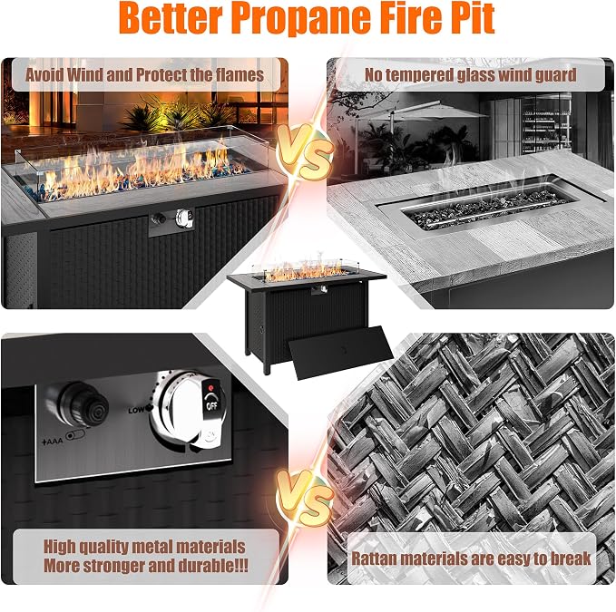 45 inch Outdoor Propane Fire Pit 50,000 BTU Gas Fire Pit Table with Lid, Glass Wind Guard, Waterproof Cover, Rectangle Gas Firepit Table for Garden/Patio, CSA Certification