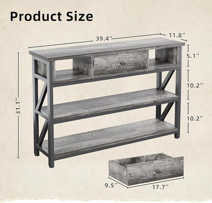 Mexin 39 Inch Console Sofa Table with Drawer, Entryway Table with Storage Shelves, Industrial Wood Hallway Table for Living Room, Couch, Foyer, Kitchen Counter, Grey Oak