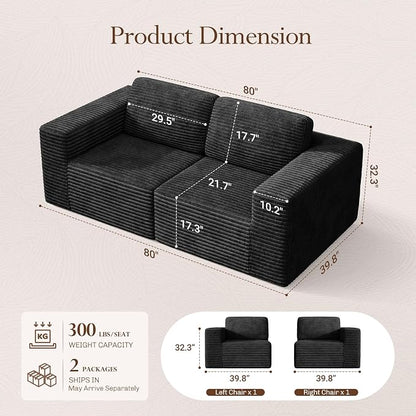 Vesgantti 80" Modular Sectional Sofa, Corduroy Cloud Couch with Deep Seating & Spring Support, 2 Seater Compact Modular Couch, Boneless Sectional Sofa for Small Spaces, No Assembly Required, Black