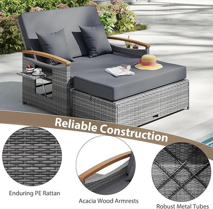 LDAILY Moccha Outdoor Wicker Daybed, Patio Rattan Loveseat Sofa w/ 4-Level Adjustable Backrest, Folding Panels, Storage Ottoman & Cushions, Lounge Furniture Set for Poolside Backyard Porch (Grey)