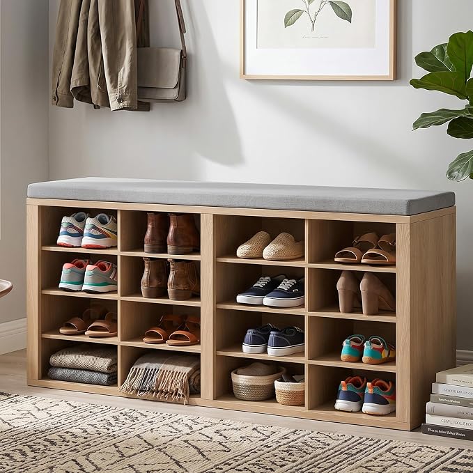 Shoe Rack Bench, Shoe Storage Bench with Cushion, Shoe Organizer 16 Cubbies for Entryway Hallway Bedroom Living Room, Holds Up to 400lbs