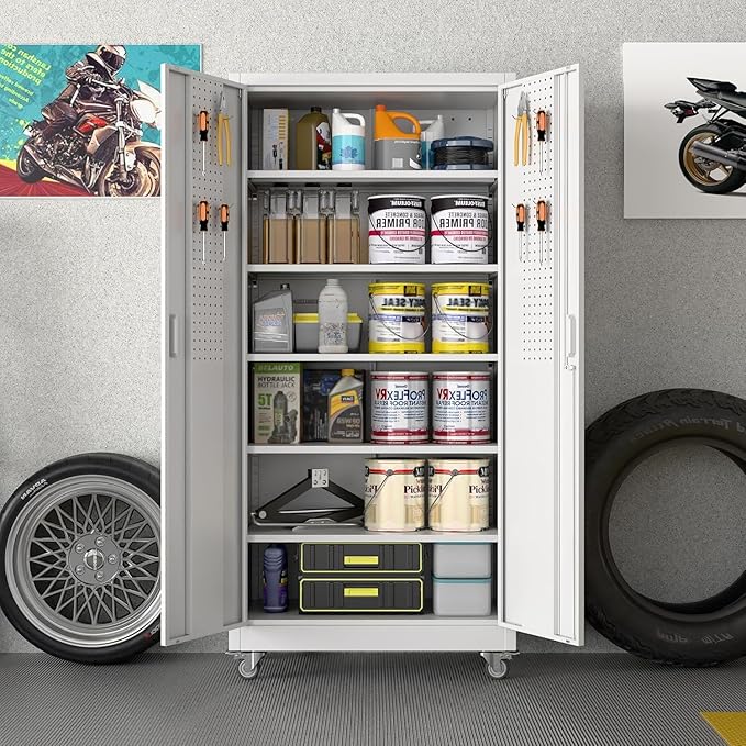 Reemoon 71" Tall Metal Garage Storage Cabinet with Wheels and Pegboard, Rolling Steel Cabinet with 5 Adjustable Shelves and Locking Doors for Garage Home Office Storage, White, Assembly Required