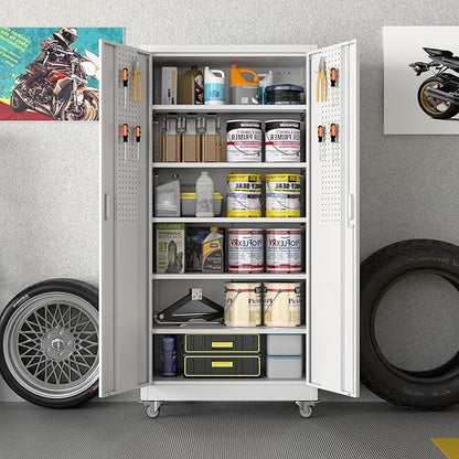 Reemoon 71" Tall Metal Garage Storage Cabinet with Wheels and Pegboard, Rolling Steel Cabinet with 5 Adjustable Shelves and Locking Doors for Garage Home Office Storage, White, Assembly Required