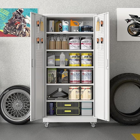 Reemoon 71" Tall Metal Garage Storage Cabinet with Wheels and Pegboard, Rolling Steel Cabinet with 5 Adjustable Shelves and Locking Doors for Garage Home Office Storage, White, Assembly Required