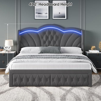 Keyluv Queen Bed Frame with LED Lights and 2 Storage Drawers, Velvet Upholstered Platform with 47" Tall Arc-Shaped Wingback Headboard and Button Tufted Design, No Box Spring Needed, Noise-Free, Gray